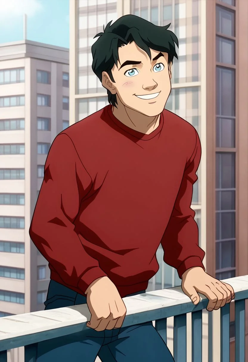 High Quality, Billy batson, solo, 1boy, black hair, blue eyes, red tshirt, bluejeans, smile, posing on the roof of a building,