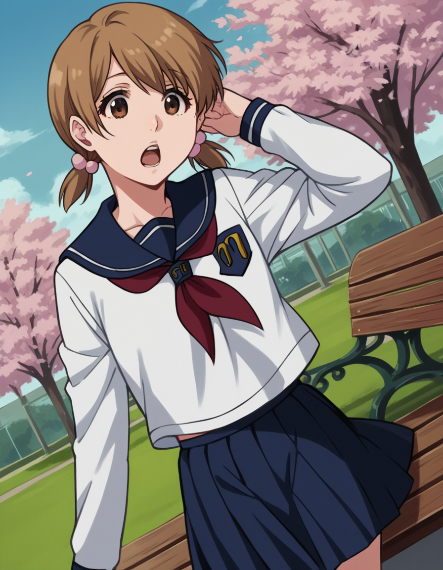 score_9, score_8_up, score_7_up, source_anime, <lora:yuzu-kurosaki-anime-ponyxl-lora-nochekaiser:1>, yuzu, short hair, brown hair, brown eyes,, twintails, short twintails, school uniform, serafuku, neckerchief, red neckerchief, skirt, blue skirt, pleated skirt, long sleeves, white shirt, shirt, sailor collar, blue sailor collar,, park, cherry blossoms, bench, gentle breeze, peaceful, running, open mouth,, , , foot pointed, hand on chin, arm behind head, solo,, cowboy shot, dutch angle