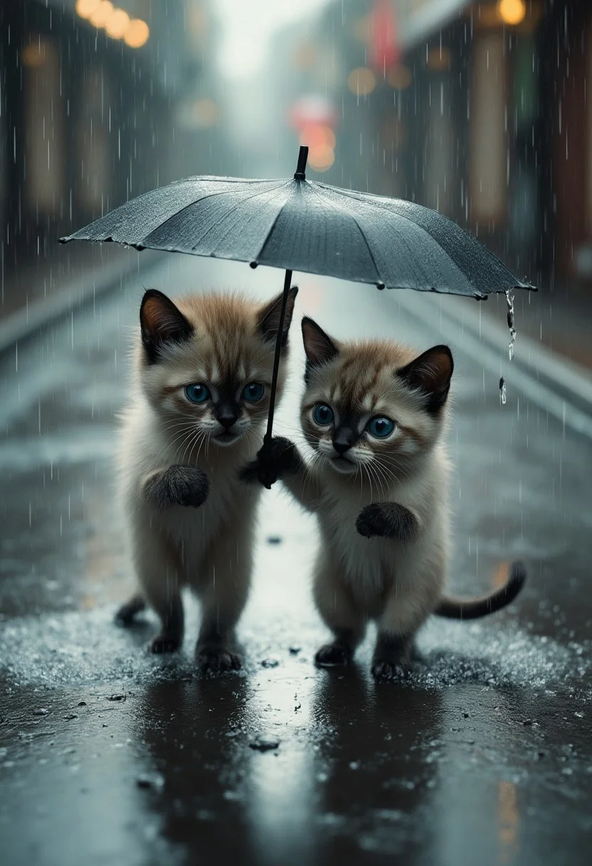 a small, siamese kitten walks alone in the rain, its fragile body drenched as water pours down, with wide, anxious eyes scanning the empty, dry street around it. next to it, a slightly larger siamese kitten holds a tiny umbrella over the smaller siamese kitten, shielding it from the downpour. the contrast between the dry street and the isolated rain enhances the sense of vulnerability, while the soft lighting and gentle shadows highlight the tender moment between the two kittens. the scene evokes deep sympathy, capturing the bond between them as they seek shelter together. emotional lighting, cinematic focus, soft contrast, melancholic yet heartwarming tone