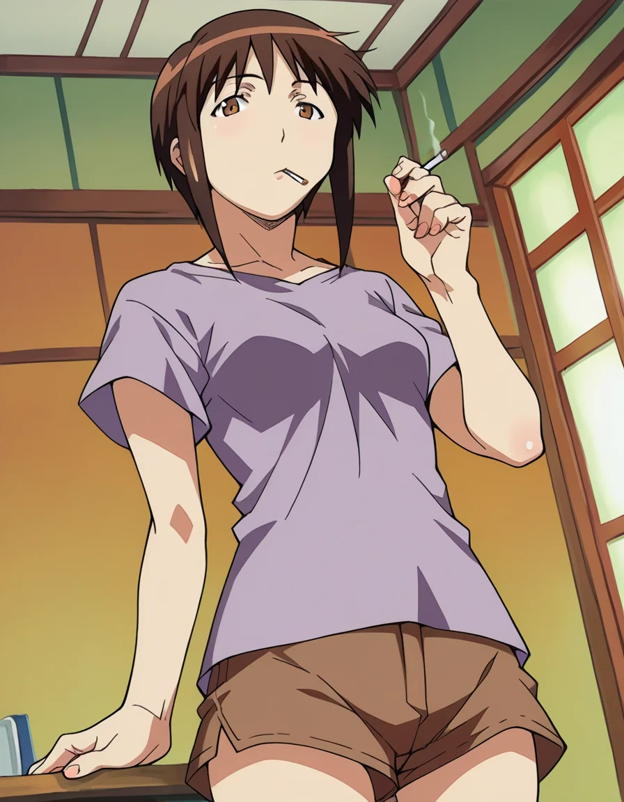 score_9, score_8_up, score_7_up, source_anime,
harukaurashima, <lora:haruka-urashima-ponyxl-lora-nochekaiser:1>,
haruka urashima, short hair, brown hair, brown eyes,
shirt, shorts,
indoors, smoking, cigarette,
looking at viewer, dutch angle, cowboy shot,