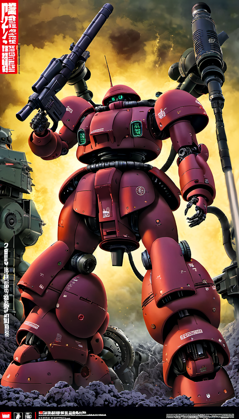 (ZEON:0.6),best quality, masterpiece, glowing,  (full body:1.2),mechanical parts, robot joints, (Detailed eye description:1.2),(huge mechanical weapon:1.3), (detailed weapon description:1.2),(huge mechanical gun:1.2), (holding weapon :1.6)<lora:srdxl_v2k:0.4>