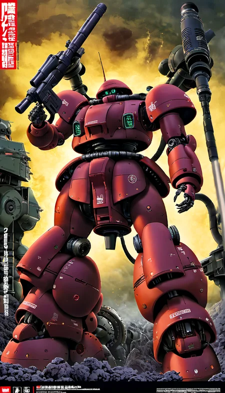 (ZEON:0.6),best quality, masterpiece, glowing, (full body:1.2),mechanical parts, robot joints, (Detailed eye description:1.2),(huge mechanical weapon:1.3), (detailed weapon description:1.2),(huge mechanical gun:1.2), (holding weapon :1.6)<lora:srdxl_v2k:0.4>