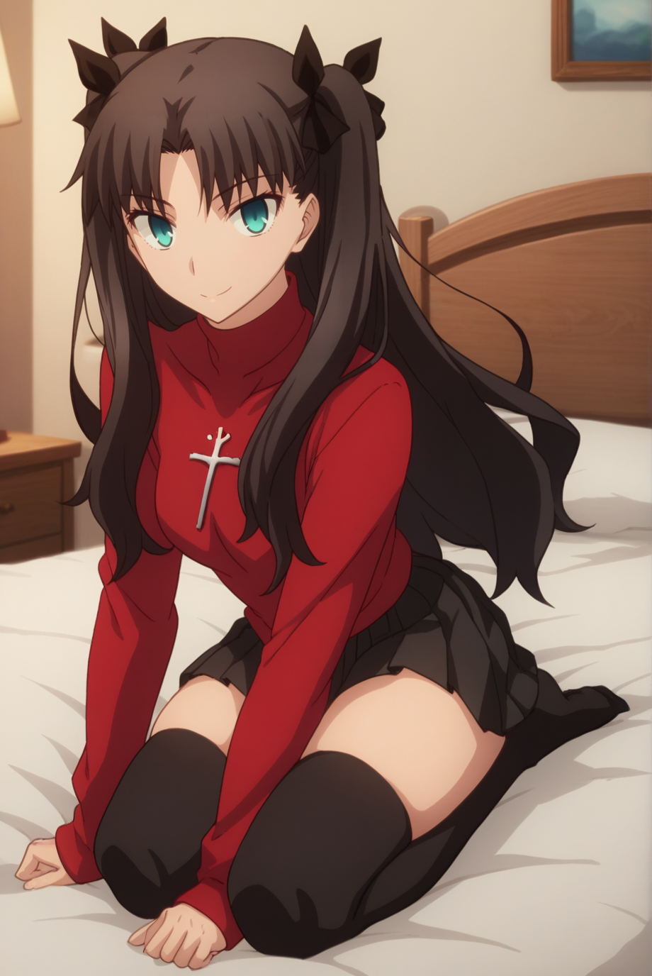 score_9, score_8_up, score_7_up, score_6_up, score_5_up, score_4_up, BREAK source_anime, 1girl,
<lora:TohsakaRinXL-v1-04:0.8>, ChopioTohsakaRin, black hair, long hair, two side up, parted bangs, hair ribbon, aqua eyes, looking at viewer,
(thick thighs, skindentation:0.8), 
outfit_2, red sweater, turtleneck, cross, long sleeves, black skirt, pleated skirt, zettai ryouiki, black thighhighs,
bedroom, bed, on knees, seductive smile, sexy pose,