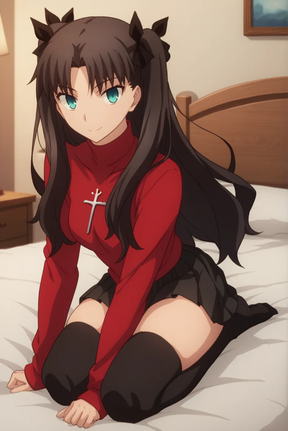 score_9, score_8_up, score_7_up, score_6_up, score_5_up, score_4_up, BREAK source_anime, 1girl,
<lora:TohsakaRinXL-v1-04:0.8>, ChopioTohsakaRin, black hair, long hair, two side up, parted bangs, hair ribbon, aqua eyes, looking at viewer,
(thick thighs, skindentation:0.8),
outfit_2, red sweater, turtleneck, cross, long sleeves, black skirt, pleated skirt, zettai ryouiki, black thighhighs,
bedroom, bed, on knees, seductive smile, sexy pose,