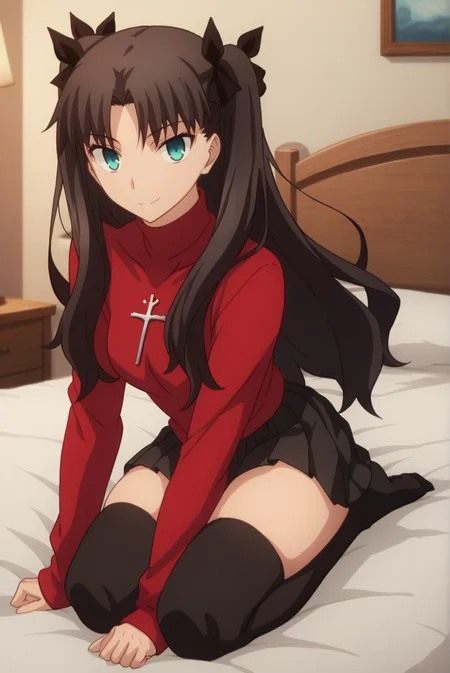 score_9, score_8_up, score_7_up, score_6_up, score_5_up, score_4_up, BREAK source_anime, 1girl,
<lora:TohsakaRinXL-v1-04:0.8>, ChopioTohsakaRin, black hair, long hair, two side up, parted bangs, hair ribbon, aqua eyes, looking at viewer,
(thick thighs, skindentation:0.8), 
outfit_2, red sweater, turtleneck, cross, long sleeves, black skirt, pleated skirt, zettai ryouiki, black thighhighs,
bedroom, bed, on knees, seductive smile, sexy pose,