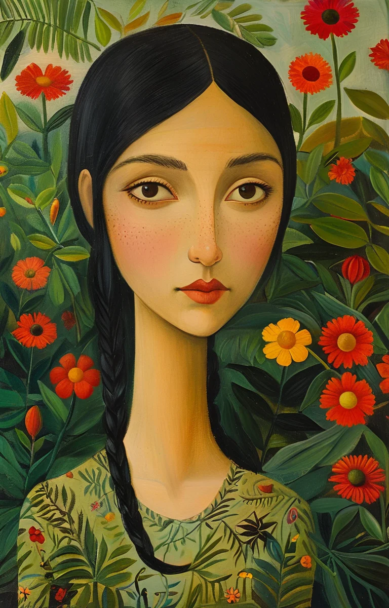 masterpiece,best quality,<lora:tbh128-sdxl:0.9>,portrait of girl,oil painting,style of Henri Rousseau,