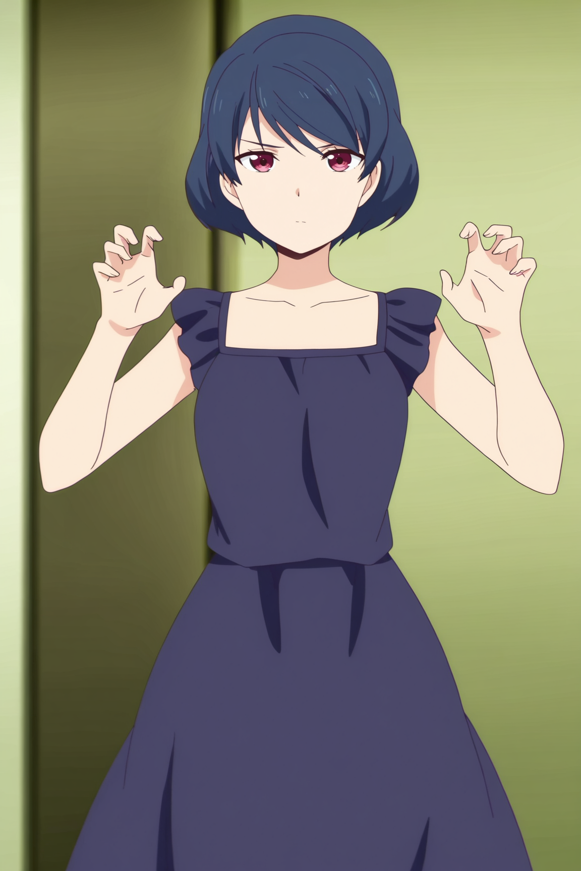 masterpiece, best quality, absurdres, highres, source anime, very aesthetic, BREAK, anime coloring, anime screencap,
 <lora:tachibana_rui_v1-illustrious:1>, 1girl, tachibana rui, domestic na kanojo, pink eyes, blue hair, short hair, 
BREAK, looking at viewer, standing, 
BREAK,âââ   sad, claw pose, frilled dress