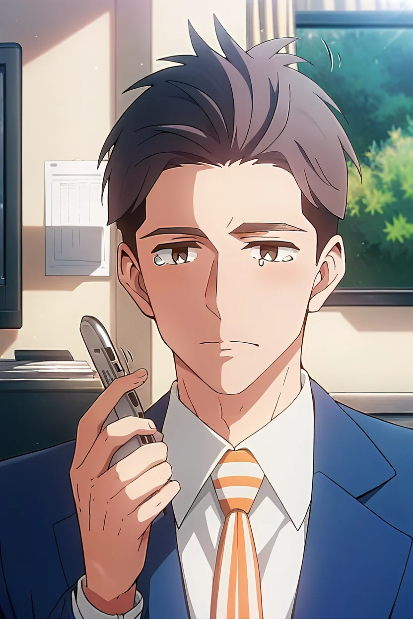 (score_9, score_8_up, score_7_up), (source anime, best quality, best aesthetic, perfect anatomy), 1boy, kentaro momose, male_focus, handsome detailed face, black eyes, black jacket, blue jacket, collared shirt, slim body, skinny, orange necktie, solo, modern office, portrait, <lora:Kentaro Momose_PDXL:0.85>, ((tail wagging, Tear)), <lora:aesthetic_anime_v1s:0.8>