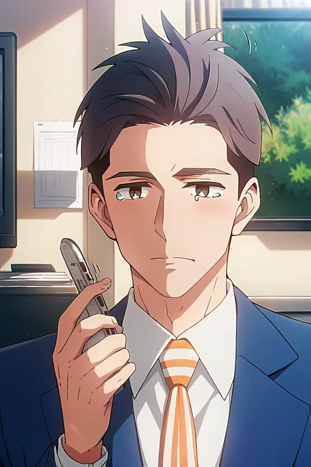 (score_9, score_8_up, score_7_up), (source anime, best quality, best aesthetic, perfect anatomy), 1boy, kentaro momose, male_focus, handsome detailed face, black eyes, black jacket, blue jacket, collared shirt, slim body, skinny, orange necktie, solo, modern office, portrait, <lora:Kentaro Momose_PDXL:0.85>, ((tail wagging, Tear)), <lora:aesthetic_anime_v1s:0.8>