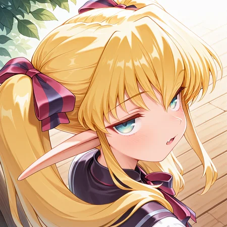 1girl,solo,<lora:IL_Collet_Brause_Pastel_Chime:1>,pc_cb,Collet Brause,elf,pointy ears,blonde hair,twintails,hair ribbon,sidelocks,
dutch angle,foreshortening,fantasy,looking at viewer,side glance,outdoors,
bowtie,school dress,
close-up of face,upper body,blush lines,from back,looking back,backhead,high angle,jitome,upturned eyes,looking up,hands on head,fang,, masterpiece,best quality,amazing quality,very aesthetic,absurdres,