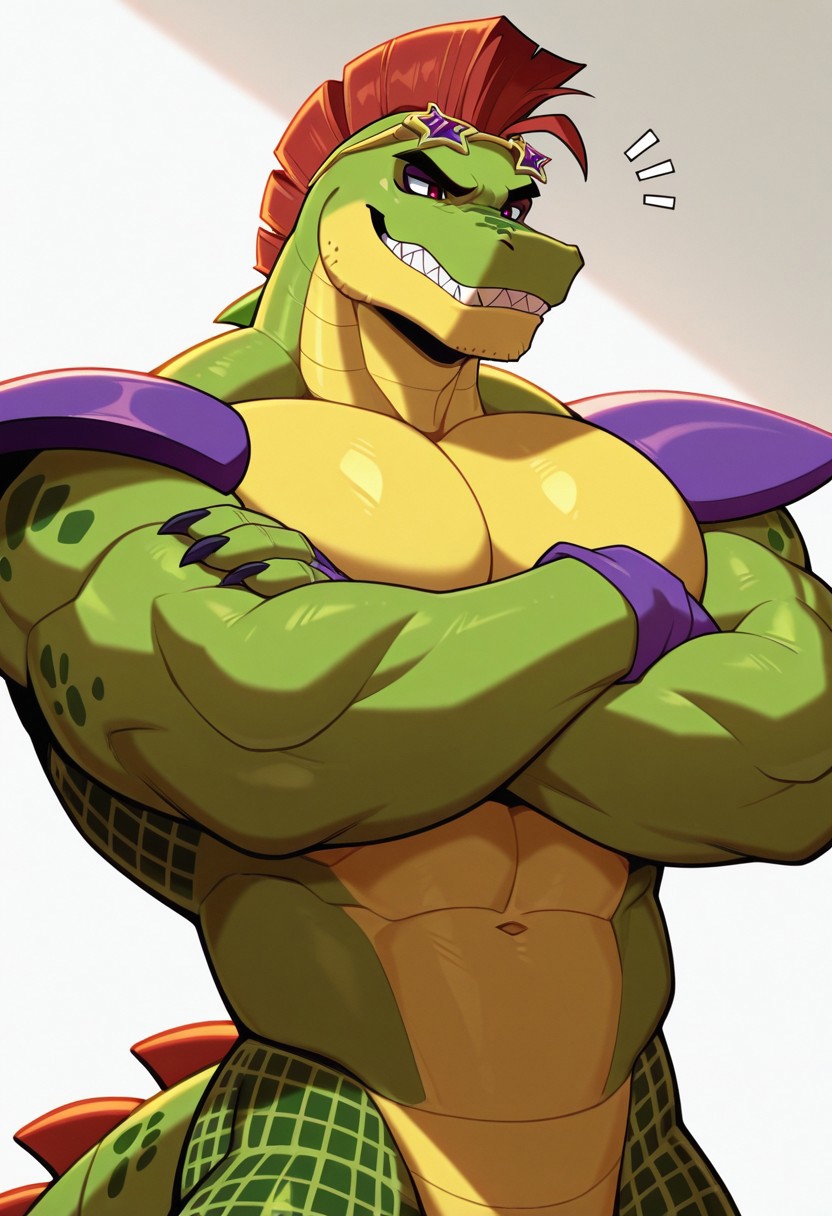 best quality, newest, absurdres, highres, 1boy, solo,Anthro,alligator,montgomery gator,green body,muscular male,red eyes,upperbody,crossed arms