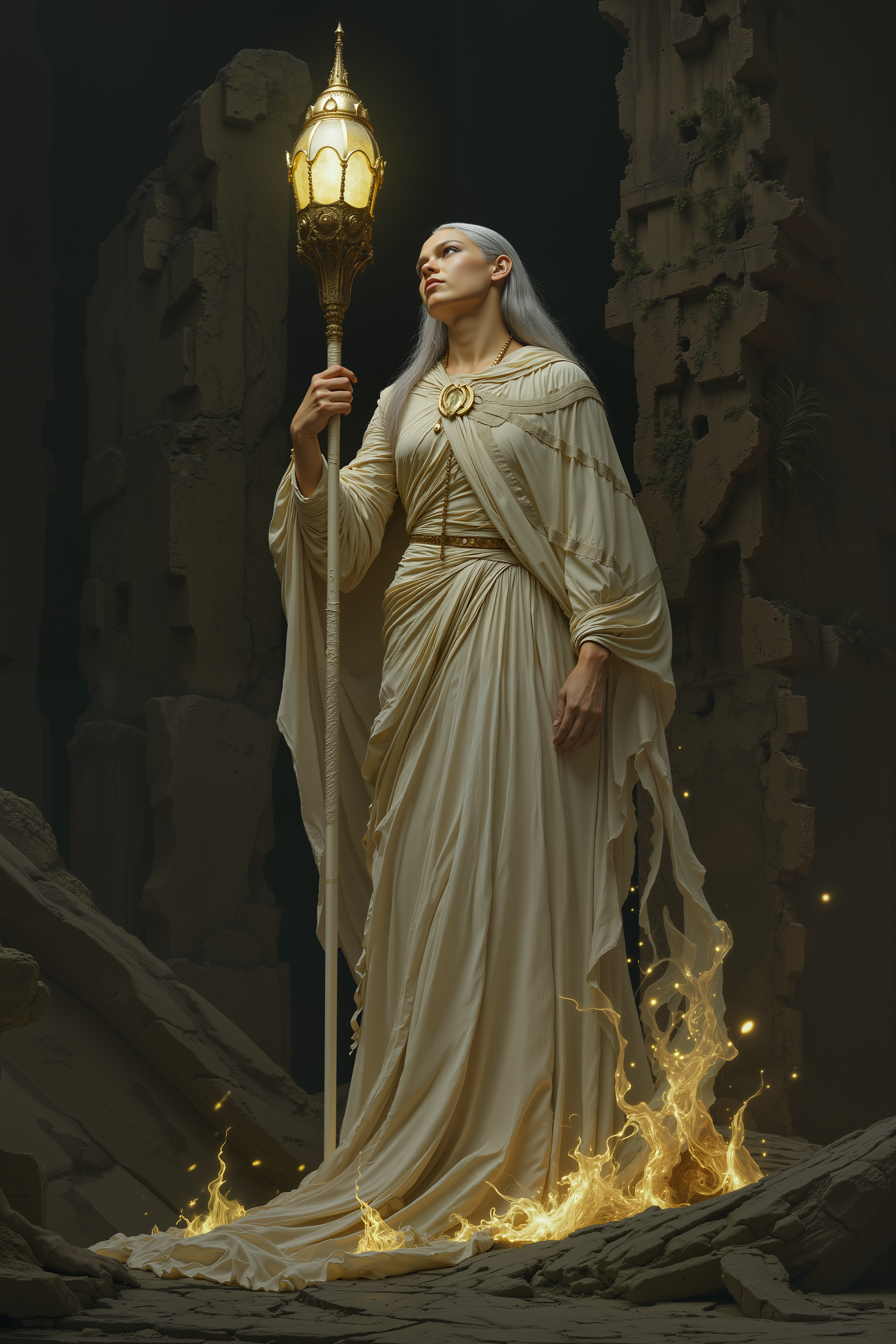 A celestial cleric, her soft, golden skin glowing in the pale light of the enchanted lantern she holds aloft, stands resolute in a crumbling temple. Her long, white hair, streaked with silver, cascades down her back, while her sky-blue eyes radiate with divine power. Her tattered robes, once white and pristine, now stained with blood and dust, swirl around her as she raises her staff, the top of which is crowned with a radiant crystal. Around her, floating in the air, are ethereal, glowing symbols of protection, each rune shimmering with the blessings of her deity. Behind her, towering statues of forgotten gods loom, their cracked and broken forms casting long shadows across the cold stone floor. The walls of the temple are crumbling, vines and moss creeping through the cracks, but her presence brings a soft, warm light to the otherwise darkened ruin. Her lips are parted slightly, a prayer on her breath, as divine energy pulses through her body, ready to heal or smite. Her expression is one of serene determination, standing as a beacon of hope in a place long abandoned by the light.<lora:Sinfully_Stylish_.02_for_FLUX-000002:0.45><lora:- Flux1 - vanta_black_V2.0:0.8><lora:flux.1_lora_flyway_Epic-detail_v2:0.65>