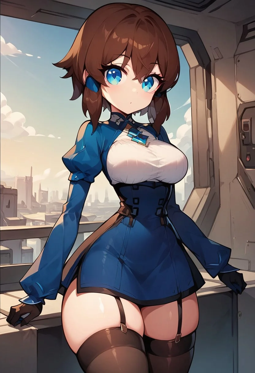 score_9, score_8_up, score_7_up, masterpiece, best quality, spaceship, solo, (very beautiful eyes, big thighs, thin waist, medium breasts), 1girl, solo, Zayuri, Brown hair, short hair, blue eyes,, Blue blouse, separate sleeves, gloves, long stockings,