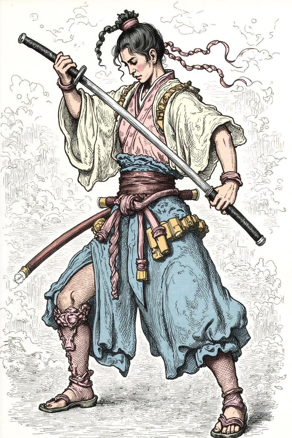 gusdore1 illustration. a female Japanese samurai warrior wielding a katana, blending form with reality. Glitching the surreal with blurred dreams on a white background. Woven light fuses delicatly with whispering shimmers creating a eyecatching and masterpiece artwork. drifting fog, cracked light and smokey haze in floating threads finishes the dreamlike reality.  <lora:gusdore1_nocap_d4a2e8:1.0><lora:800982354123366489:0>
