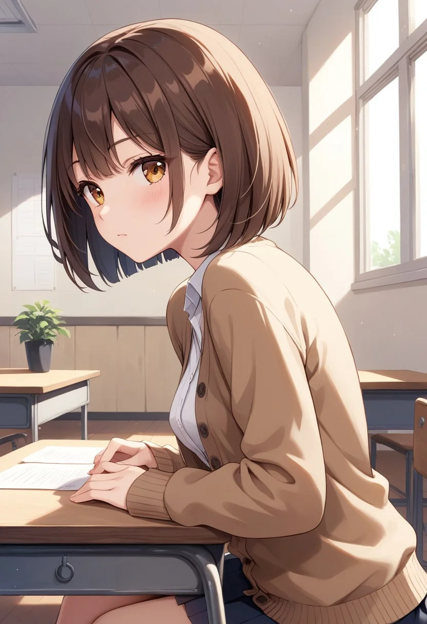 score_9, score_8_up, score_7_up, score_6_up, masterpiece, best quality,uncensored, 1girl, brown hair, brown eyes, perfecteyes, medium breasts, medium hair, bob cut, side view, sitting, desk, wearing dark brown cardigan, looking away, lecture room, buttoned cardigan, upper body, sitting next to viewer, listening lecture, buttoned cardigan