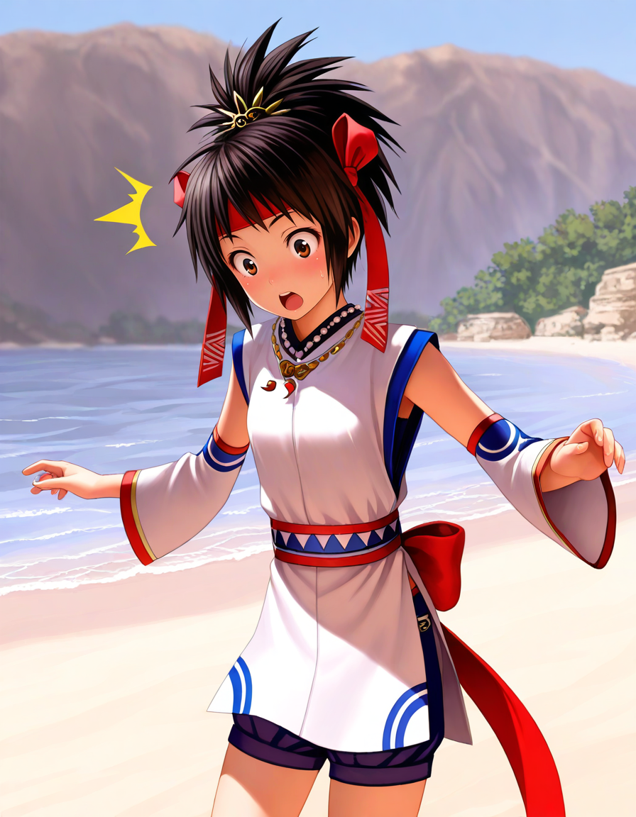 <lora:MusouOHimiko_SDXL_Illustrious01_fp16_ver03:1>,MusouOHimiko, 1girl, solo,headband,ribbon, black hair,short hair, brown eyes,detached sleeves,shorts, necklace,sash,surprised,upper body, Serene beach, masterpiece, best quality, very aesthetic, absurdres,<lora:detailed_hands:1>,hand
