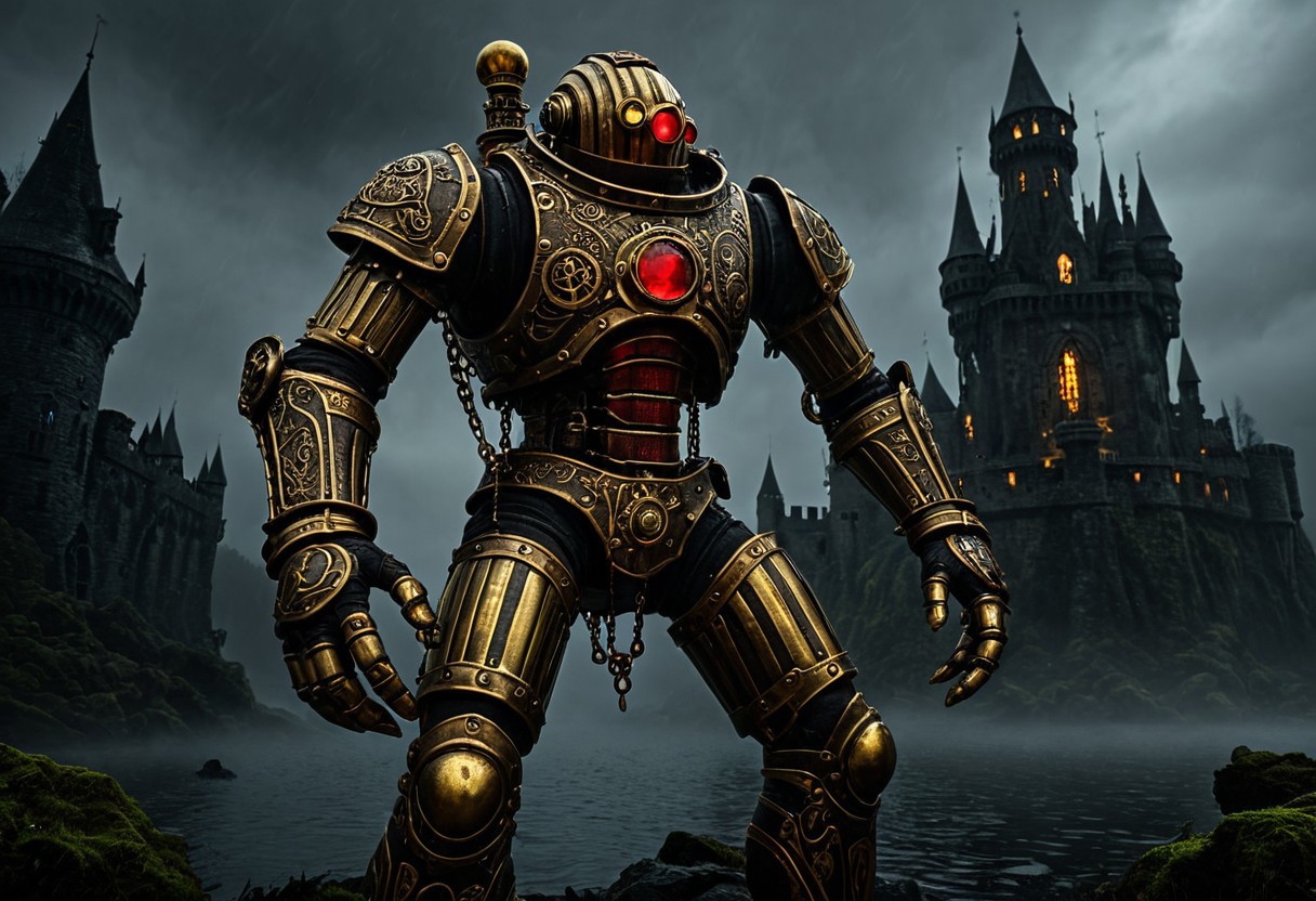 giant bipedal robot brass and dirty red/yellow candy striped paint, bronze paisley robot. lacy robot metal. diving helmet torso head. outside of a steampunk keep. large detailed torso. dark image. one forty foot tall ancient robot with great arms and two heavy spring legs. dark foggy night background. $dark foggy night image only. dark photo realistic image. steampunk details. cogs, chains and pipes incorporated in the fantasy buildings. magic wizards tower in background. Dark swamp, moss, castle ruins, wizards tower. stormy dark night. stormy sky. rain. no head