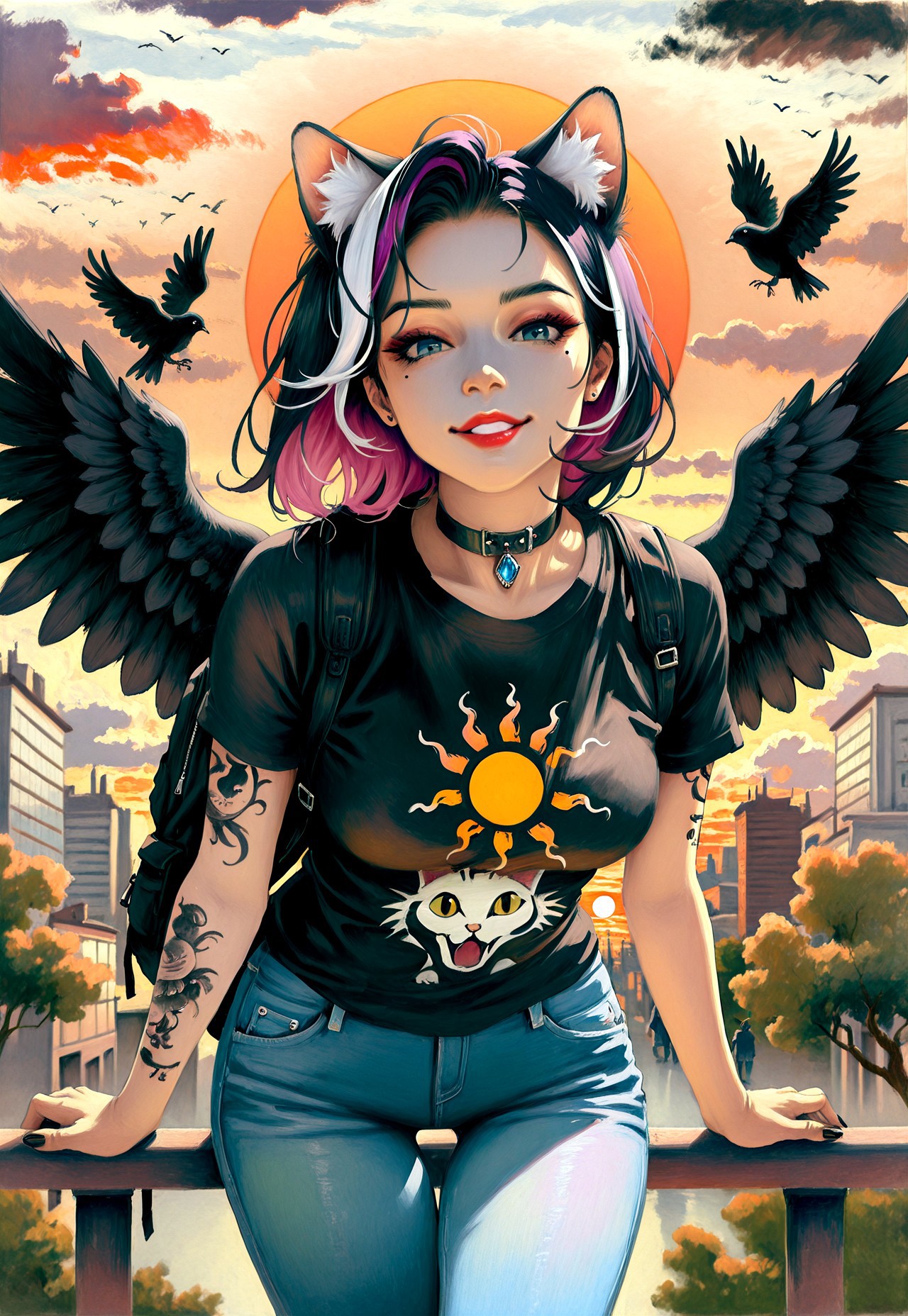 masterpiece, very aesthetic, absurdres, best quality, 1MPR3SS1ON1SM, oil painting,  traditional media, 1girl, animal ear fluff, animal ears, arm tattoo, flying, backpack, bird, black hair, black nails, black shirt, black wings, blue eyes, blue pants, building, cat ears, choker, cloud, collar, cowboy shot, denim, eyelashes, feathered wings, fingernails, gem, jeans, jewelry, leaning forward, lips, lipstick, looking at viewer, makeup, medium breasts, medium hair, mole, mole under eye, multicolored hair, nail polish, nose, outdoors, pants, parted lips, piercing, pink hair, pink lips, print shirt, purple hair, red lips, shirt, short hair, short sleeves, sky, smile, solo, streaked hair, sun, sunset, t-shirt, tattoo, teeth, thigh gap, tree, two-tone hair, white hair, wings