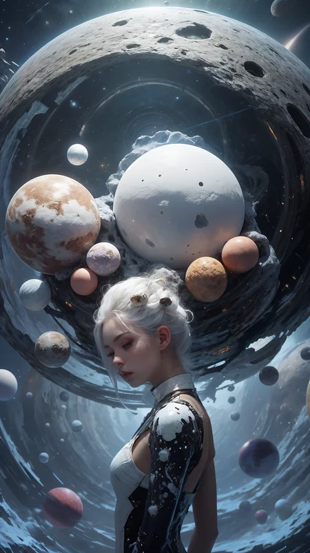 1girl, cosmic, dress, glass, <lora:Hellasthetic v2:0.9>, sphere, 1girl, silver, fractal_art, Space-time distortion, Horizon, Colony, backlighting, elegant, Glowing white hair, planet generator, High ceiling, Ice Planet, Planet Collision, white tree, blizzard crystal,