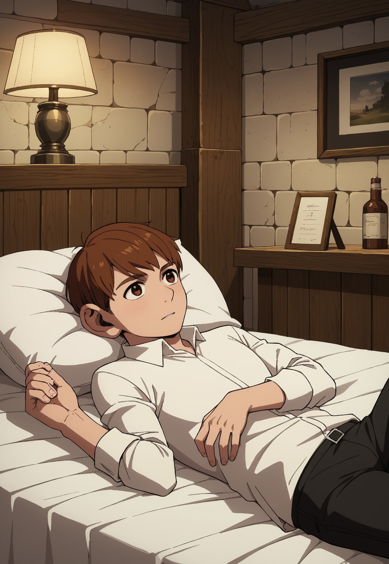 safe_pos, safe_pos, score_9, score_8_up, score_7_up, masterpiece, best quality, very aesthetic, absurdres, amazing quality, high resolution, ultra-detailed, volumetric lighting, newest, scenery, DunMeshi_Chilchuck, 1boy, solo, male focus, halfling, brown hair, short hair, brown eyes, CasualChil, white shirt, collared shirt, black pants, bandaged foot, lying, on back, on bed, bedroom, tavern, pillow, leaning on pillow, big pillow, nightstand, lamp, dark