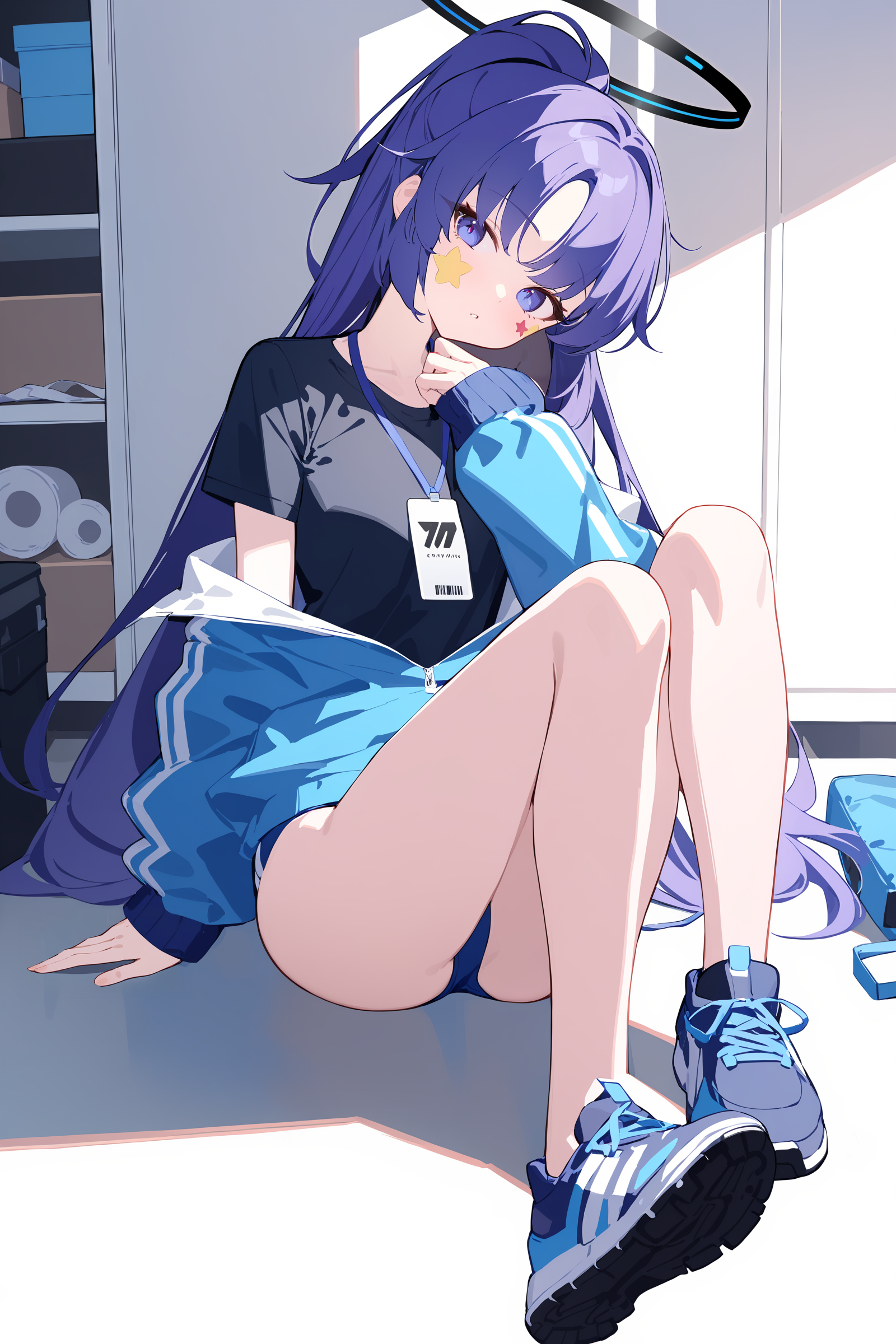 masterpiece, best quality, very aesthetic, ray tracing, newest, (hitenkei, askzy:0.6), 1girl, yuuka \(blue archive\), halo, track jacket, blue buruma, solo, t-shirt, id card, lanyard, ponytail, sneakers, sticker on face, open clothes, full body, sitting, reclining, gym storeroom, head tilt, parted lips, looking at viewer, arm support  <lora:Char-BlueArchive-Yuuka-XL-V1:0.8>