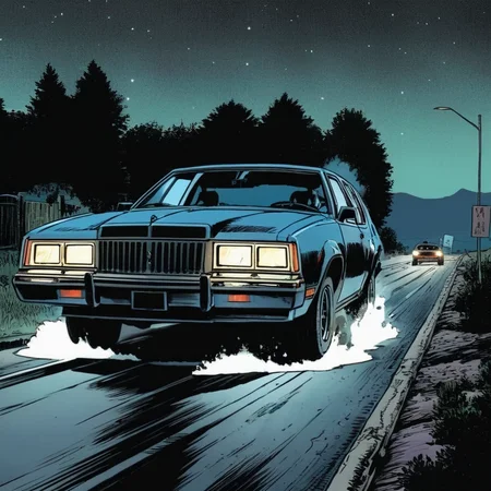 comic book art of <lora:graphic novel style:1.2>
1980's a car driving down a road at night In the graphic novel style, comic art, graphic novel illustration