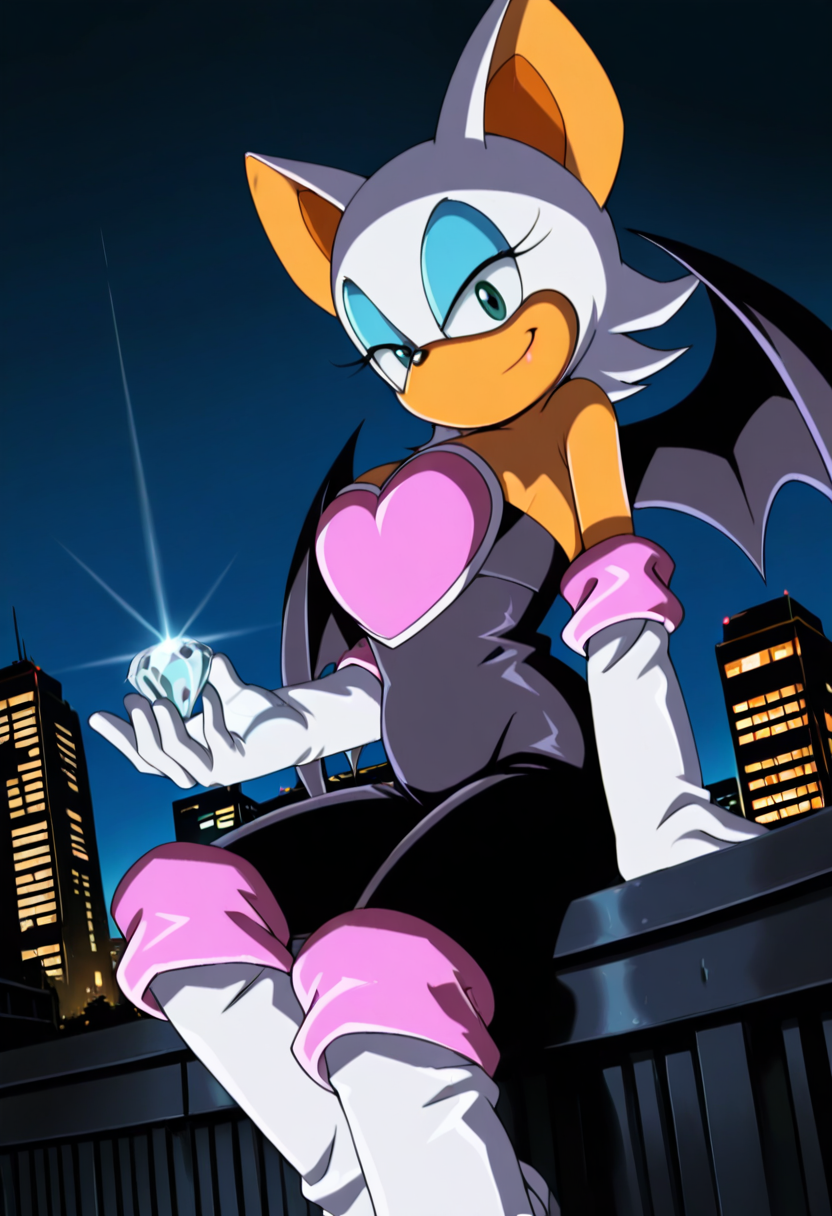 masterpiece, best quality, 1girl, solo, eyelashes, (beautiful eyes),   zzRouge, green eyes, blue eyeshadow, short hair, white hair, bat ears, animal nose, bat wings,  bare shoulders, boots, elbow gloves, gloves, heart, knee boots, white footwear, white gloves,   <lora:RougeSonicX_IXL:1.0>,    perched on the edge of a skyscraper, moonlight casting a silver glow on her white fur, a stolen gemstone glistening in her gloved hand, bat wings spread slightly, wind ruffling her short hair, confident smirk, neon-lit cityscape below, dramatic cinematic lighting, cool-toned night atmosphere