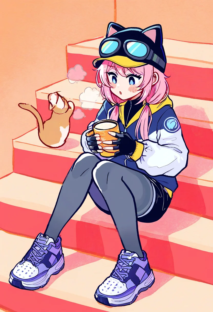 1girl,steam delivery girl,nemupan,goggles on headwear,sitting on stairs,stairs,pink hair,sitting,cup,cat,jacket,pantyhose,holding,goggles,holding cup,hat,solo,long sleeves,low twintails,gloves,twintails,fingerless gloves,cat hat,blue eyes,shoes,hood,cat ears,black gloves,long hair,goggles on head,animal ear headwear,fake animal ears,shorts,parted lips,mug,animal ears,black headwear,grey pantyhose,black shorts,open mouth,blush,black pantyhose,full body,turtleneck,hood down,hooded jacket,
newest,absurdres,highres,masterpiece,best quality,year 2024,
<lora:steam_delivery_girl_NoobVpred10:1>,