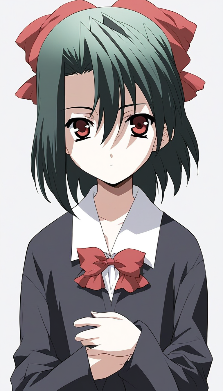 score_9, score_8_up, score_7_up, source_anime, rating_explicit, BREAK  <lora:Kiyoura_Setsuna_XL:1> Kiyoura_Setsuna, black hair,  green hair, short hair, red eyes, red bow, hair ribbon, flat chest,hair between eyes, bangs,
 1girl, solo, school uniform, bow,  looking at viewer, upper body, expressionless,  long sleeves, bowtie