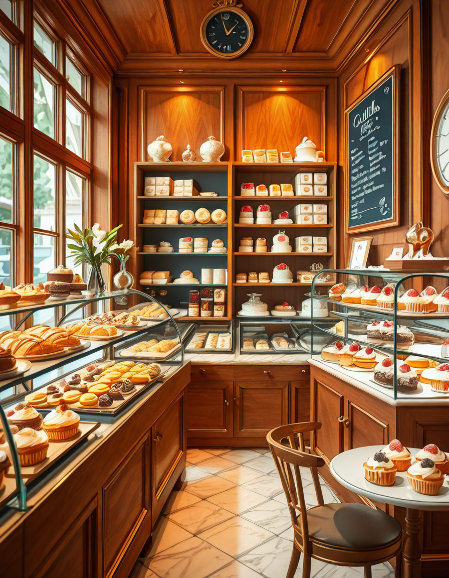 A beautifully designed, elegant pastry shop with a luxurious European-inspired aesthetic. The interior features intricate moldings, high ceilings, and large arched windows that allow natural daylight to stream in, casting a soft glow over the polished marble floors. The walls are adorned with pastel-colored wallpaper, delicate gold accents, and vintage-style framed paintings of pastries and tea sets.
The centerpiece of the shop is a long glass display case filled with an exquisite assortment of pastries, including colorful macarons, delicate éclairs, fruit tarts with glistening glaze, and elegantly decorated cakes with intricate sugar flowers. Behind the counter, shelves lined with neatly arranged boxes of artisanal chocolates, fine teas, and jars of homemade jam add to the refined atmosphere. Crystal chandeliers hang from the ceiling, casting a warm golden light that reflects off the glass surfaces.
Small round tables with marble tops and wrought iron chairs are arranged neatly throughout the space, each set with fine porcelain teacups and decorative napkins. A large antique-style clock hangs on the wall above a wooden shelving unit filled with fresh baguettes and croissants resting in woven baskets. The air is filled with the inviting scent of fresh-baked pastries, vanilla, and rich espresso.
In the background, a grand espresso machine with polished brass fittings sits atop a marble counter, next to a beautifully arranged tiered cake stand displaying freshly made confections. A large, arched doorway with a carved wooden frame leads to a cozy back room with additional seating and a vintage-style menu board showcasing the shop's specialties written in elegant calligraphy. The entire setting evokes a sense of refinement, charm, and indulgence, with a warm and welcoming ambiance.
<lora:SDXLFaeTastic2400:0.4> <lora:extremely_detailed:0.4> extremely detailed, <lora:elegant_p4stry_sh0p_illus:1>,elegant p4stry sh0p, Masterpiece,best quality,hi res,8k,hi res,8k,award winning,(sharp focus, intricate, highly detailed),