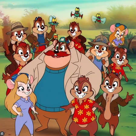 goggles, anthro, red shirt, blue overalls, 1girl, 1fly boy, fly wings, 4boys, mouse tail, 2chipmunk boys, red big mustache, brown jacket, hat, helmet, chipmunk tail, red t-shirt, beige jacket, red hair, 1mouse boy, furry, 5characters, 1mouse girl, fur collar, blue sweater