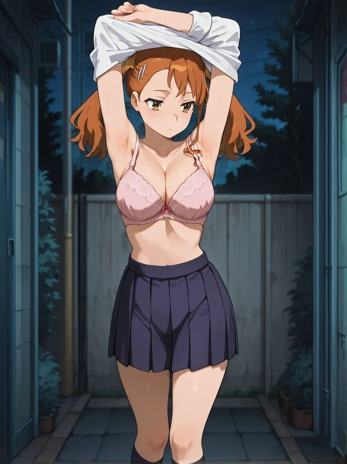 masterpiece, best quality, newest, absurdres, highres, detailed eyes, beautiful, detailed background,
perfect eyes, anime coloring, anime screencap,
5fingers,
<lora:undressing__bra:1>undressing_bra_V1,
1girl, breasts,
underwear, bra,
solo, armpits,
bra, cleavage,
pulled bra off ,
arms up,
anjou_naruko, twintails, skirt, hair ornament, school uniform, brown eyes, sleeves rolled up, dark alleyway background, brown hair, socks, hairclip, orange hair, night, bow, kneehighs,<lora:AnjouNaruko-AnoHana-IllustXL:1>
