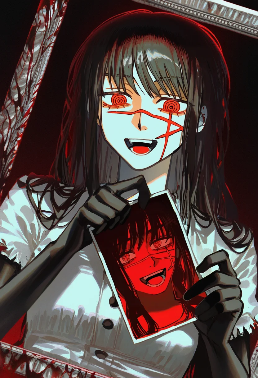 <lora:Yoru-000008:1>, yoru \(chainsaw man\), scar on face, red eyes, ringed eyes, black hair, long hair, yoru, black_arm_garter, pants, white_shirt, smile, upper body, :d, blood, black background, facing viewer, spot color, blood on face, blood on clothes, photo \(object\), partially colored, picture frame, blood splatter, blood in hair, portrait \(object\), holding photo, (dark), (sideways), glowing, glitch, horror \(theme\), abstract, bioluminescence, double exposure, distortion, holographic clothing, wanke, konya karasue, (yadu nadu:0.8), (menma \(enaic31\):0.8), (quasarcake:0.8), john kafka, otonoha aika