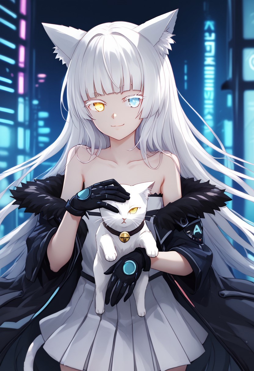 1girl, solo, highres, Nekoya_AWP, colored eyelashes, blue eyes, very long hair, bangs, white hair, heterochromia, yellow eyes, cat ears, animal ear fluff, cat tail, white dress, bare shoulders, pleated dress, collarbone, black gloves, gloves, jacket, fur-trimmed jacket, off shoulder, black jacket, cyberpunk, science fiction, neon light, looking at viewer, cowboy shot, close-up, white cat, holding animal, hands up, smile, closed mouth