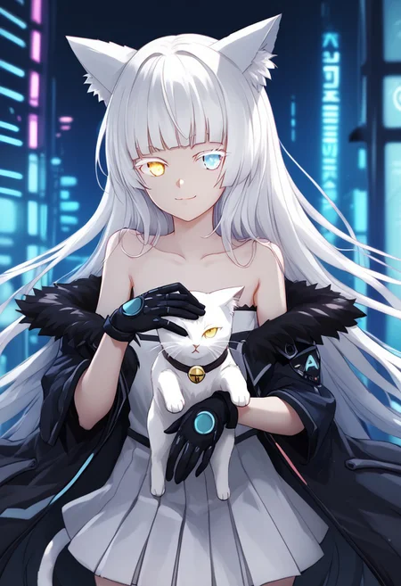 1girl, solo, highres, Nekoya_AWP, colored eyelashes, blue eyes, very long hair, bangs, white hair, heterochromia, yellow eyes, cat ears, animal ear fluff, cat tail, white dress, bare shoulders, pleated dress, collarbone, black gloves, gloves, jacket, fur-trimmed jacket, off shoulder, black jacket, cyberpunk, science fiction, neon light, looking at viewer, cowboy shot, close-up, white cat, holding animal, hands up, smile, closed mouth