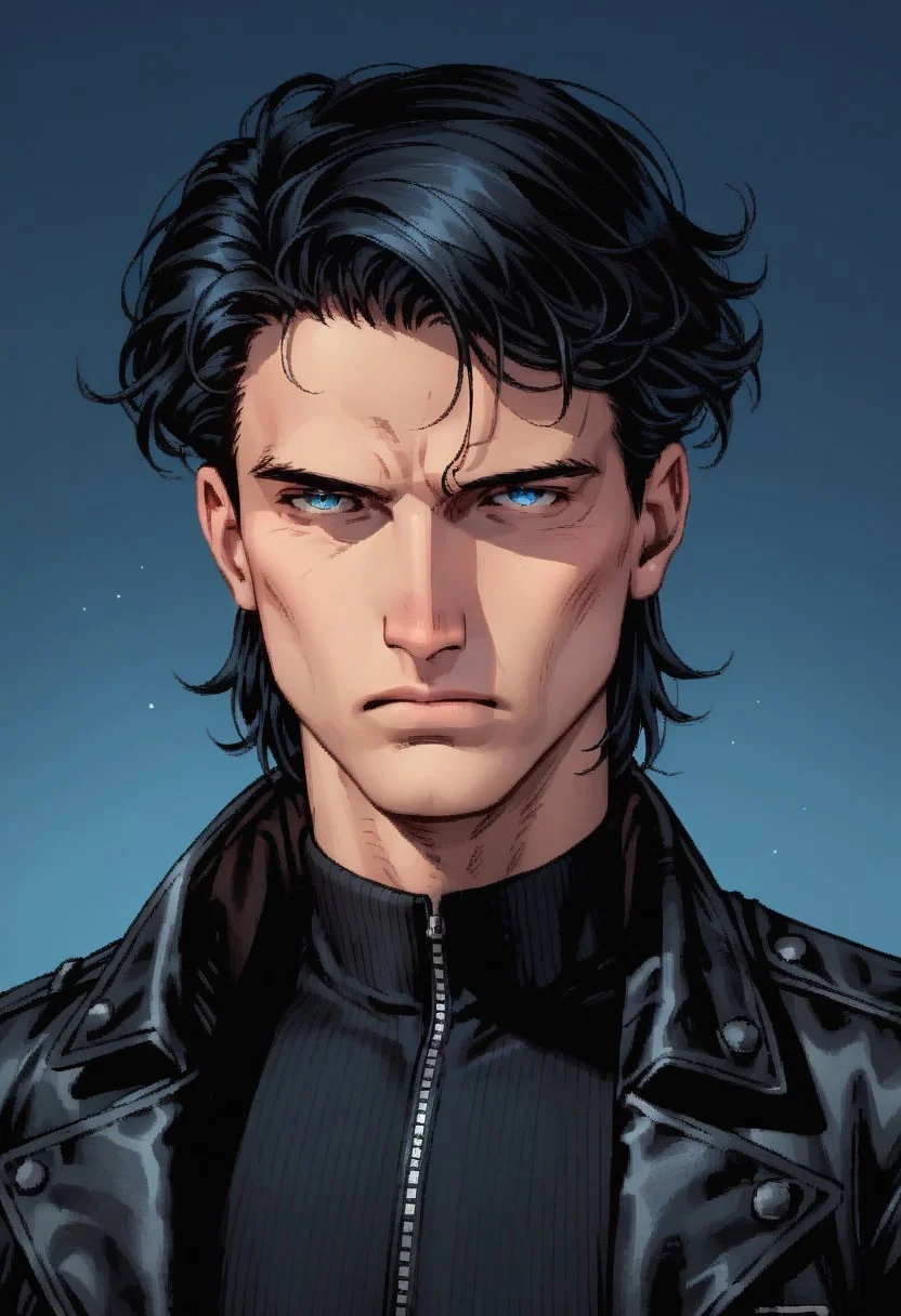 j1m l33,score_9, score_8_up, score_7_up, score_6_up, masterpiece, best quality, 1boy, black jacket, male, leather jacket, black hair, wolfcut medium hair, blue eyes, jack estacado base, tired, serious, jim lee artstyle, night, detailed, leotard, <lora:easynegative:1> solo, portrait,gradient background, mouth closed,