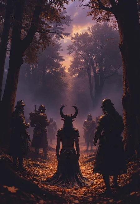 A deep forest glade where the air is thick with mist and the ground is covered in fallen golden leaves. At the center, a seductive demon woman with obsidian-black wings kneels before an ancient altar, her eyes glowing with a soft red light. Surrounding her, orcs and witches stand in silent reverence, their faces hidden by dark hoods. The trees seem to whisper with the voices of unseen spirits, and the sky above is a mix of deep purple and orange, as if on the edge of twilight. The vibe is haunting and sacred, a moment of dark communion with the ancient powers of the forest.
