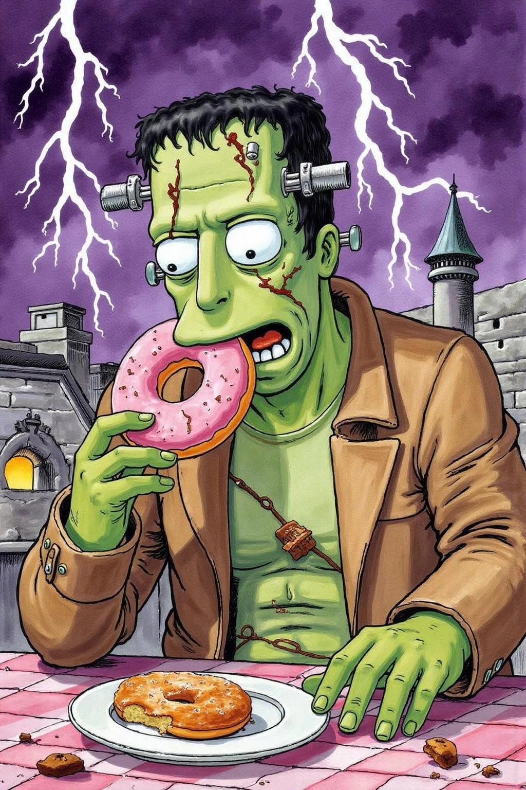 itacomic1 illustration. Homer Simpson dressed as Frankenstein, eating a doughnut during a thunderstorm   <lora:itacomic_mima4_nocap_d4a2:1.0><lora:801711996052701160:0>