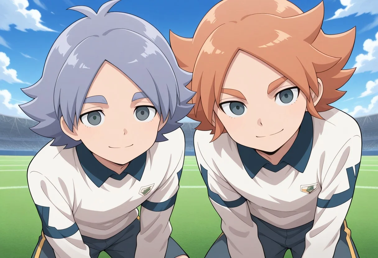 masterpiece,best quality,amazing quality, source_anime,
2boys, brothers, looking at viewer, smile,
alpine soccer unifor, white shirt, long sleeves, grey shorts,
FubukiAtsuya, 1boy, male focus, grey eyes, orange hair, BREAK
fubukishirou, 1boy, male focus, grey hair, parted bangs, grey eyes, BREAK
outdoor, sky, day, clouds,
