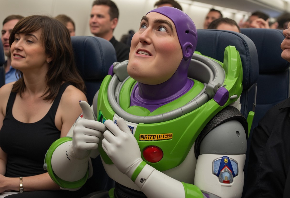 Buzz Lightyear as a terrified passenger on a commercial airplane, clutching the armrests and visibly sweating. He’s dressed in a casual outfit instead of his space suit, surrounded by amused passengers, showing his space-faring heroism hilariously undermined by fear of a mundane flight.