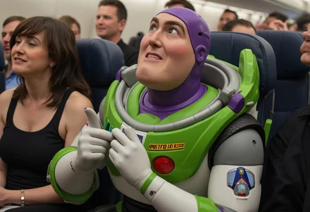 Buzz Lightyear as a terrified passenger on a commercial airplane, clutching the armrests and visibly sweating. He’s dressed in a casual outfit instead of his space suit, surrounded by amused passengers, showing his space-faring heroism hilariously undermined by fear of a mundane flight.
