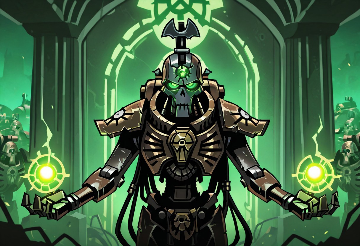 masterpiece, best quality, <break> , solo, 1other, (((necron))), (((glowing))), (((robot))), ((armor)), (((green eyes))), ((warhammer 40000))), 
 looking at viewer, standing, 
(((vanripper))), 
<lora:VanripperIllustriousXL_byKonan:1>