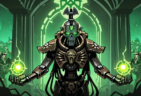 masterpiece, best quality, <break> , solo, 1other, (((necron))), (((glowing))), (((robot))), ((armor)), (((green eyes))), ((warhammer 40000))), 
 looking at viewer, standing, 
(((vanripper))), 
<lora:VanripperIllustriousXL_byKonan:1>