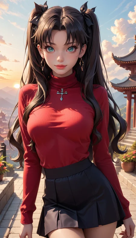 score_9, score_8_up, score_7_up, Cowboy Shot, Rin Tohsaka, cute, seductive, innocent, light smile:0.3, plump lips, slender body, aqua eyes, long wavy black hair, twin tails tied with black ribbons, red turtleneck, black skirt, sunset, buddhist temple background, 4n1v3rs3, depth of field, dynamic angle, fashion photography, sharp, hyperdetailed:1.15