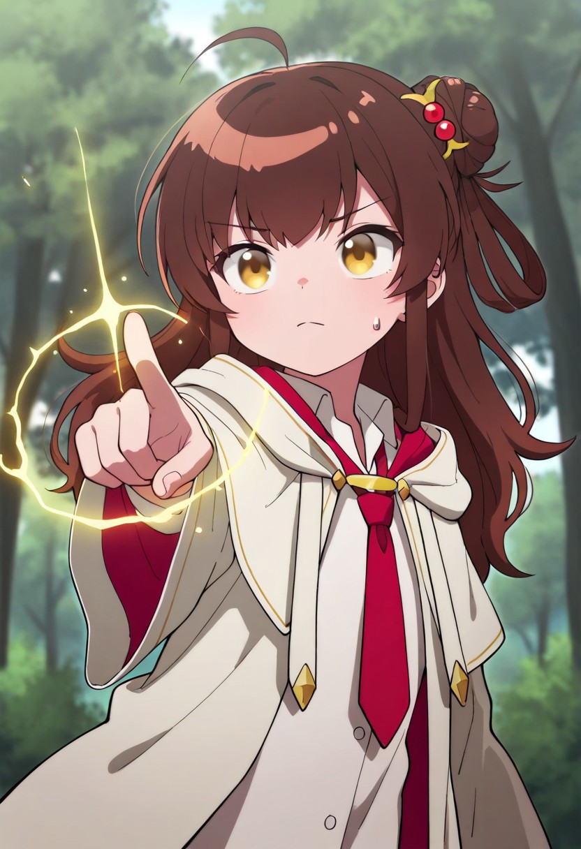 masterpiece,best quality,amazing quality, raspberry meg, long hair, brown hair, golden eyes, hair bun, 1girl, solo, necktie, outdoors, red necktie, ahoge, tree, shirt, hair ornament, pointing, magic, white shirt, robe