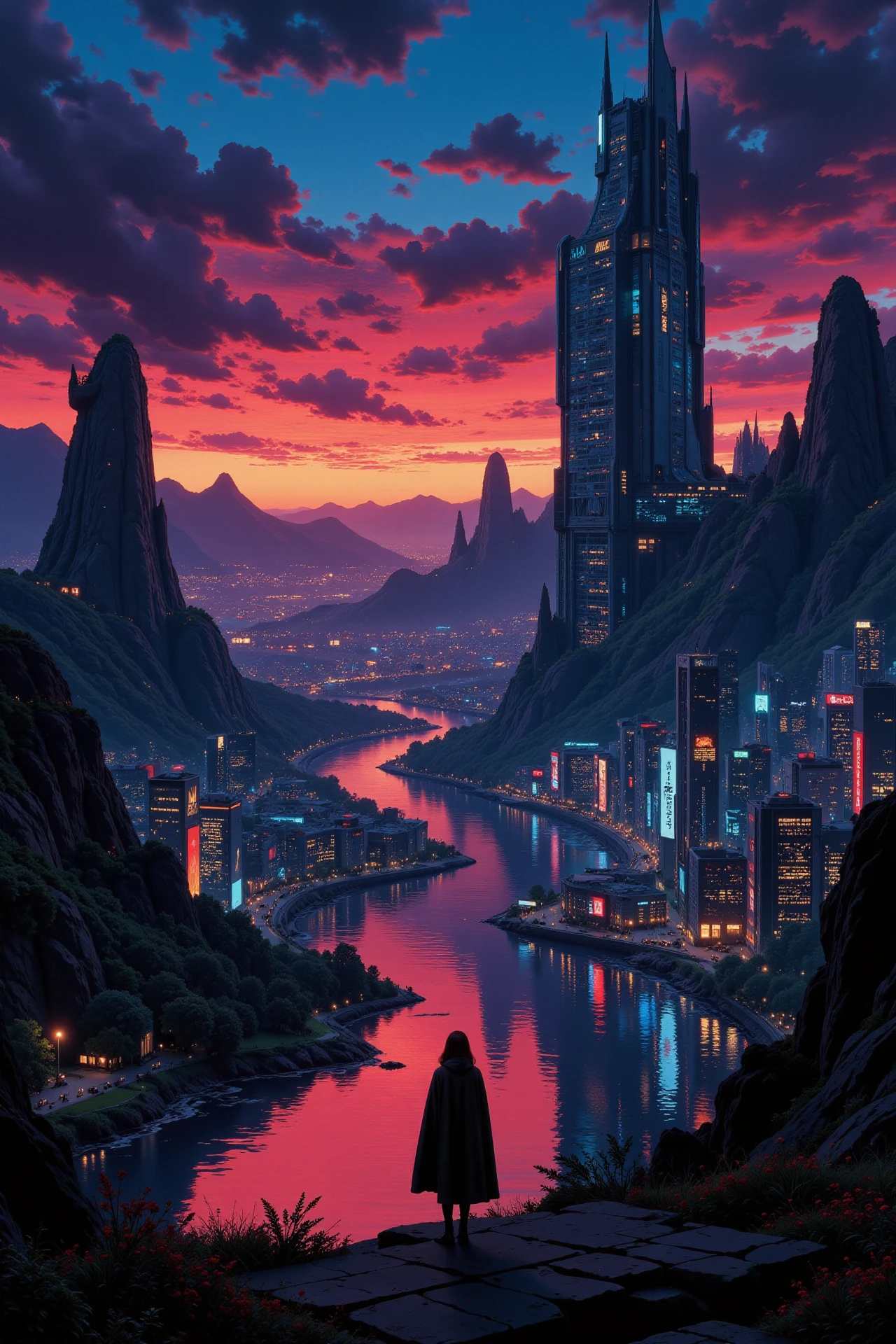 a futuristic sci-fi fantastic cyberpunk city beautiful  landscape, dusk, woman, very intricate, very detailed, sharp, bright, colorful, <lora:Hand v2:0.5> <lora:Anti-Blur:1><lora:Insane Detail Slider:0.25>  <lora:flux.1_lora_flyway_Epic-detail_v2:0.3> <lora:fluxenhancer:0.25> <lora:Anime_style:0.6> anime style