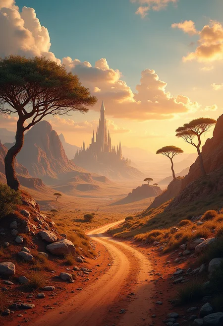 Fantastical landscape with a city in the distance. Africa inspired, RPG Style. wide trade road,