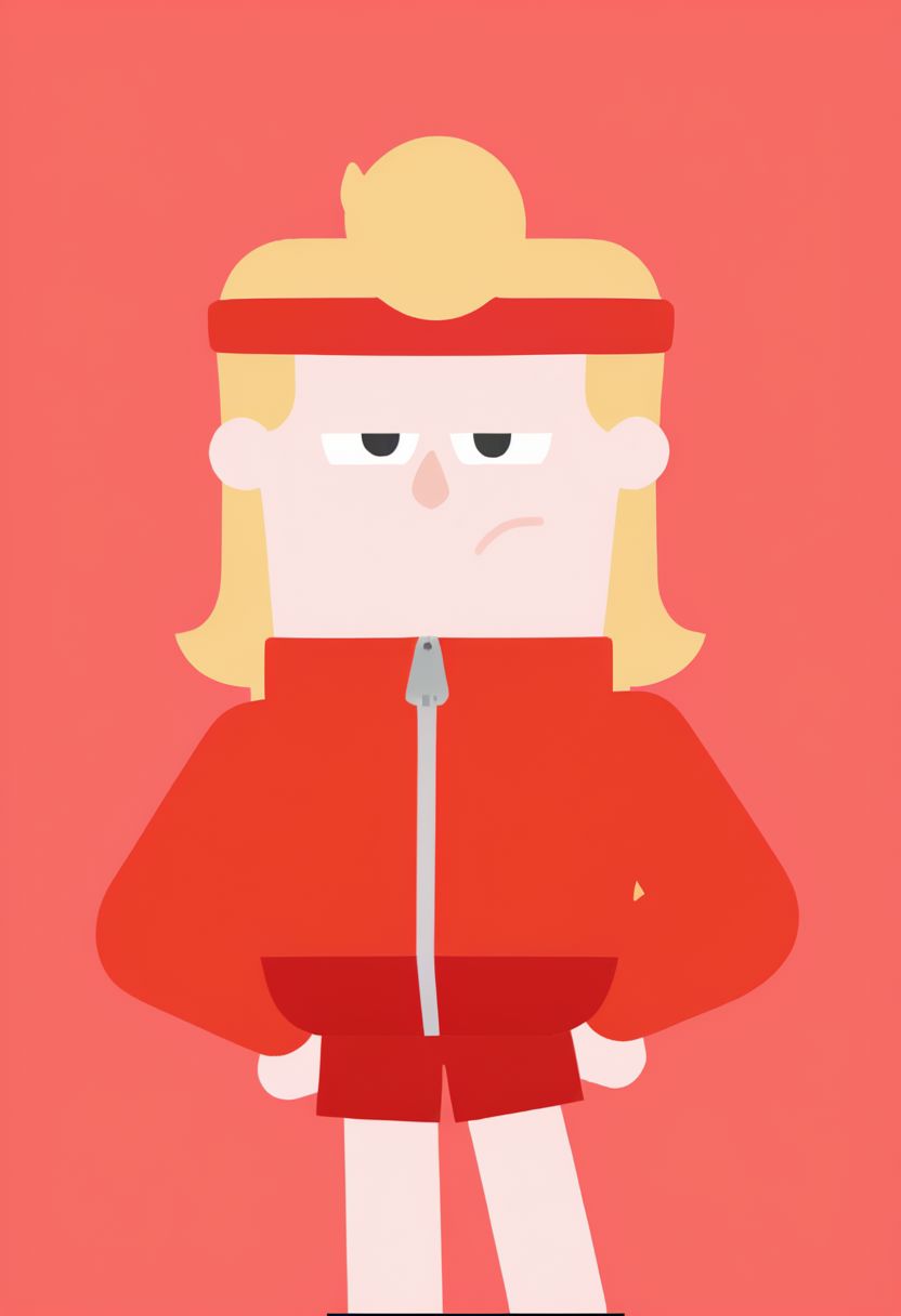 Eddy, EddyDuolingo, man, red shorts, red jacket, ZIPPER, blonde hair, athlete, sports red headband, FLAT COLOR,
SIMPLE BACKGROUND, 
MINIMALISTIC,
VECTOR ART,
CLEAN LINES,
ILLUSTRATION,
GRAPHIC DESIGN,
VECTOR GRAPHICS
