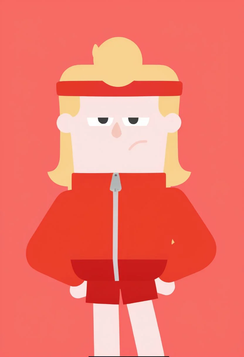 Eddy, EddyDuolingo, man, red shorts, red jacket, ZIPPER, blonde hair, athlete, sports red headband, FLAT COLOR,
SIMPLE BACKGROUND,
MINIMALISTIC,
VECTOR ART,
CLEAN LINES,
ILLUSTRATION,
GRAPHIC DESIGN,
VECTOR GRAPHICS