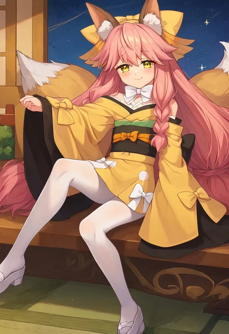 score_9, score_8_up, score_7_up, source_anime, prefect lighting, very aesthetic, intricate details, highly detailed background, masterpiece, high quality, prefect hands, best quality, 1girl, (shortstack:0.8), solo, <lora:aria.pony:1>, aria, pink hair, long hair, braid, yellow eyes, animal ear fluff, fox ears, fox tail, yellow hair bow, small breasts, yellow kimono, japanese clothes, long sleeves, sleeves past wrists, wide sleeves, white bow, bare shoulders, white pantyhose, obi, ribbon, white footwear, gentle smile, blush, indoors, house, bedroom, night, night sky, looking at viewer, pov